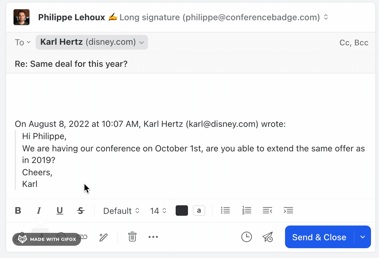 Insert your own sentences in between the quoted part of a draft in Missive