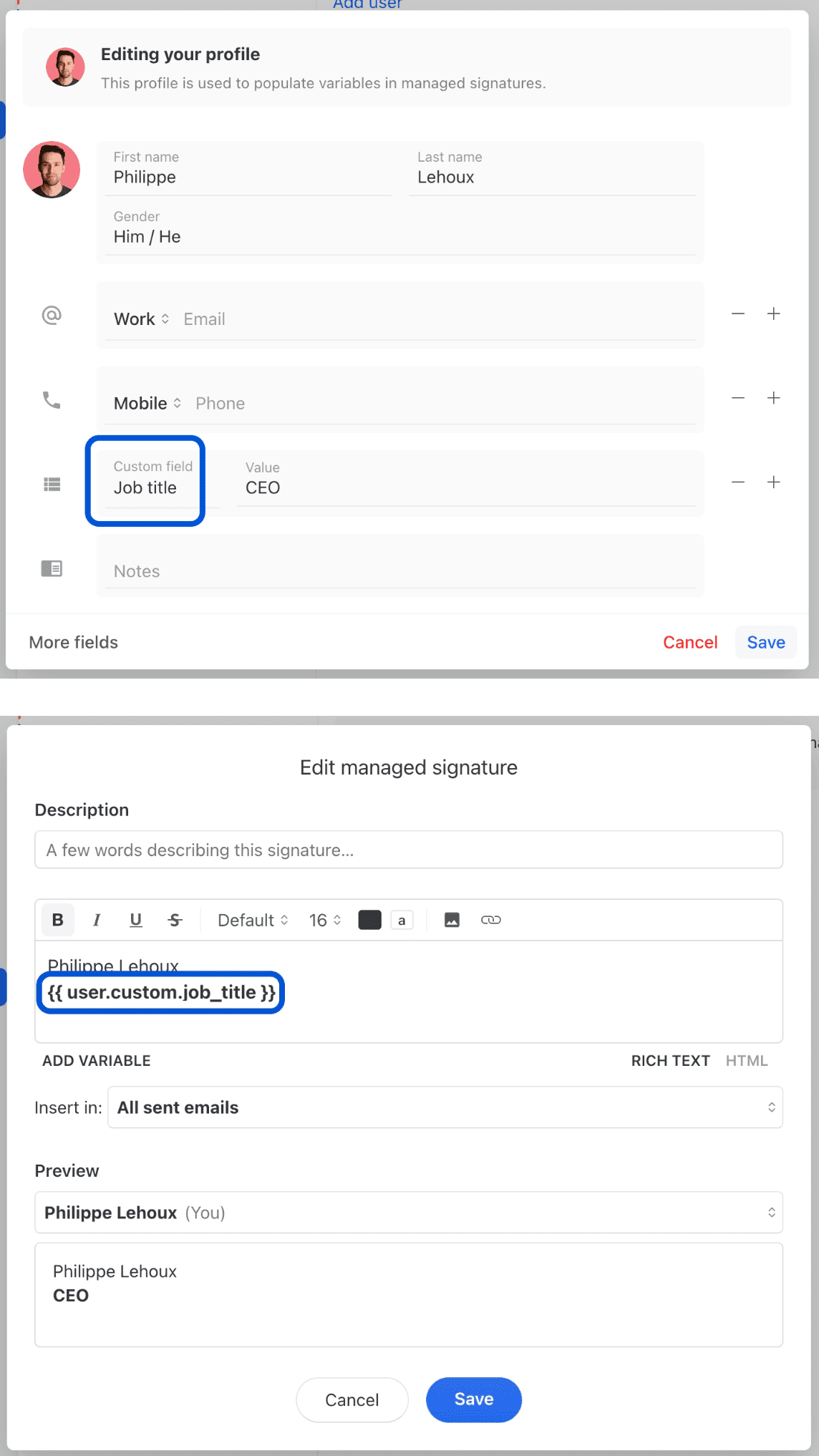 Adding a custom field to an email signature Adding a custom field to an email signature