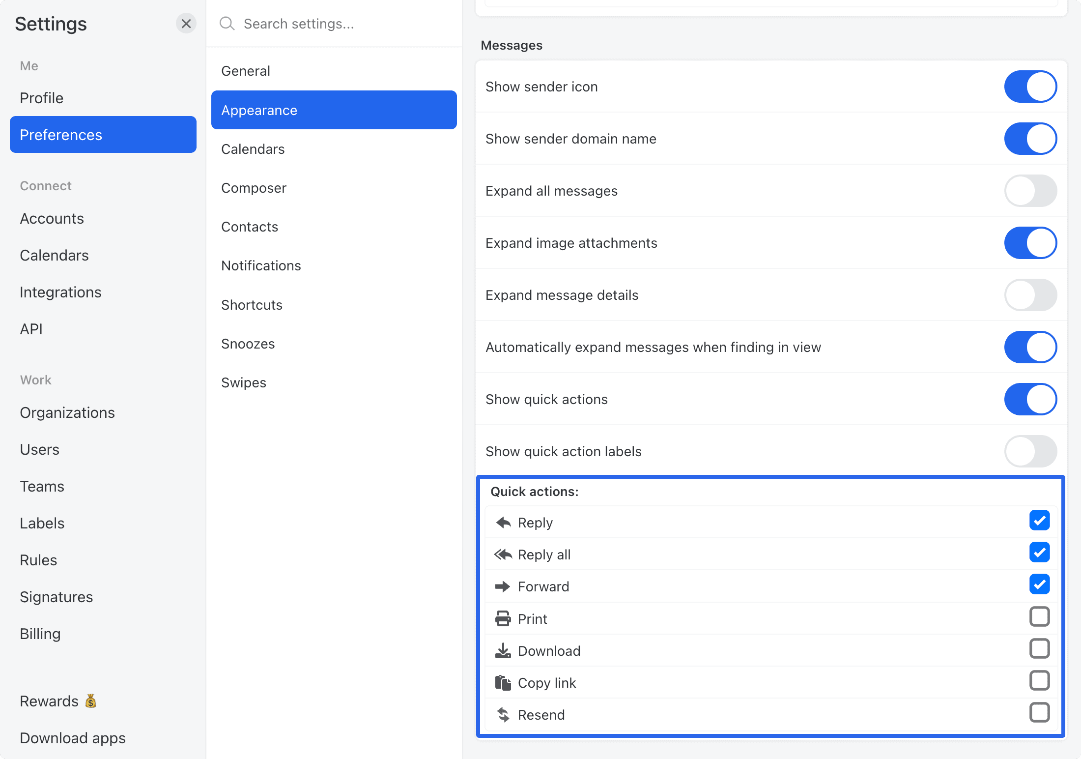 Edit email quick actions Edit email quick actions