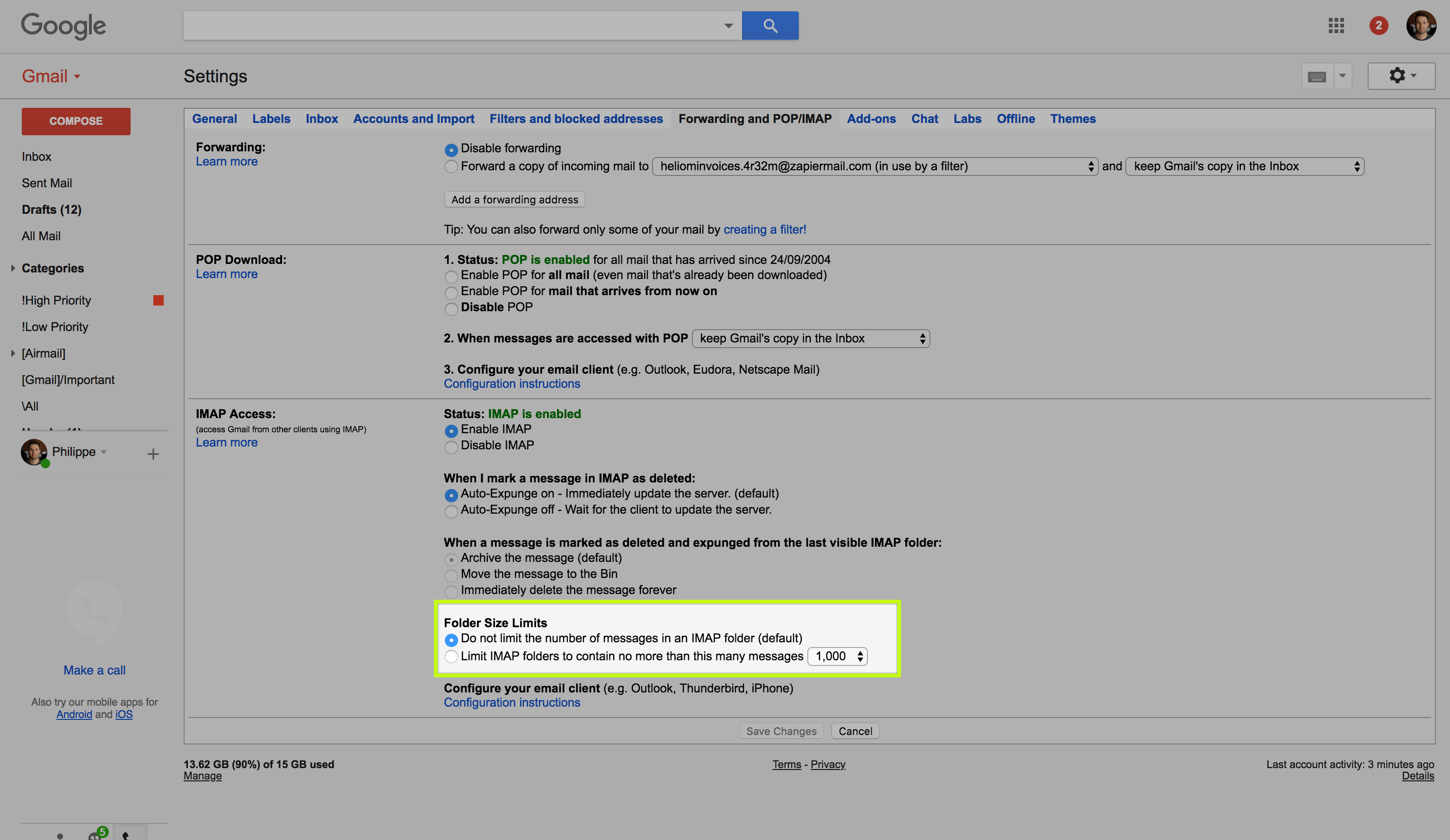 Gmail Folder Size limit