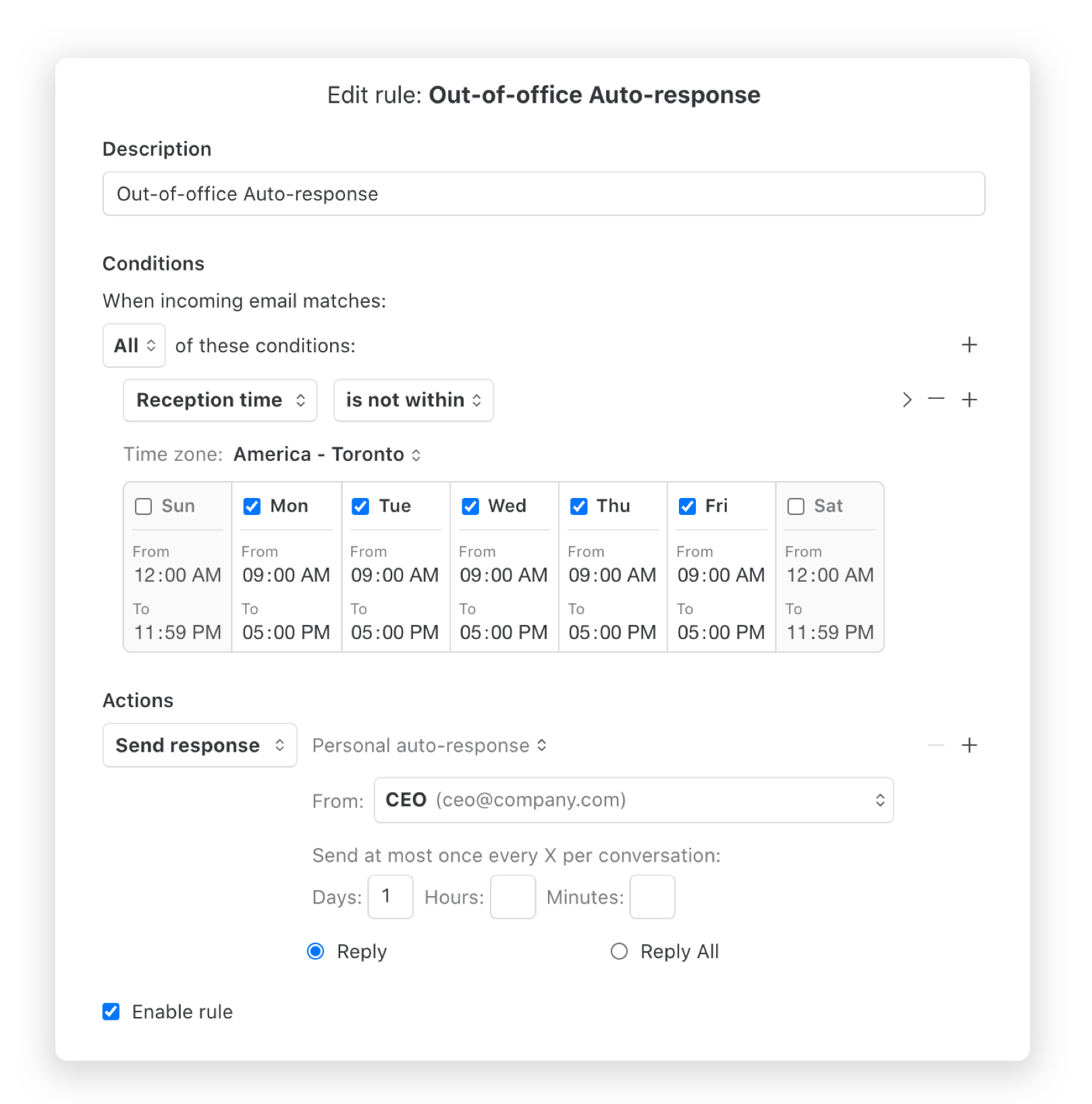 Out-of-office Auto-response rule in Missive app