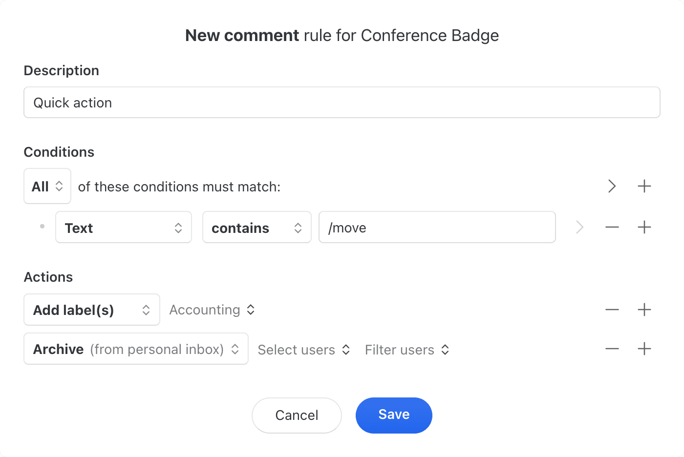 Quick action rule with new comment Quick action rule with new comment