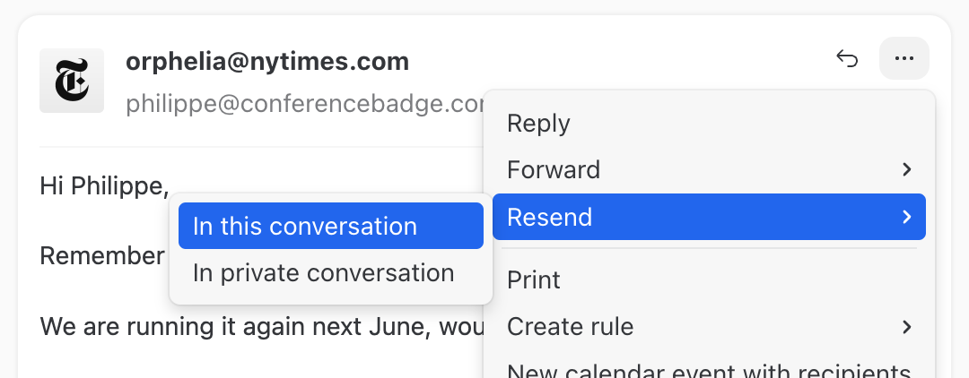 Resend an email as a new message Resend an email as a new message