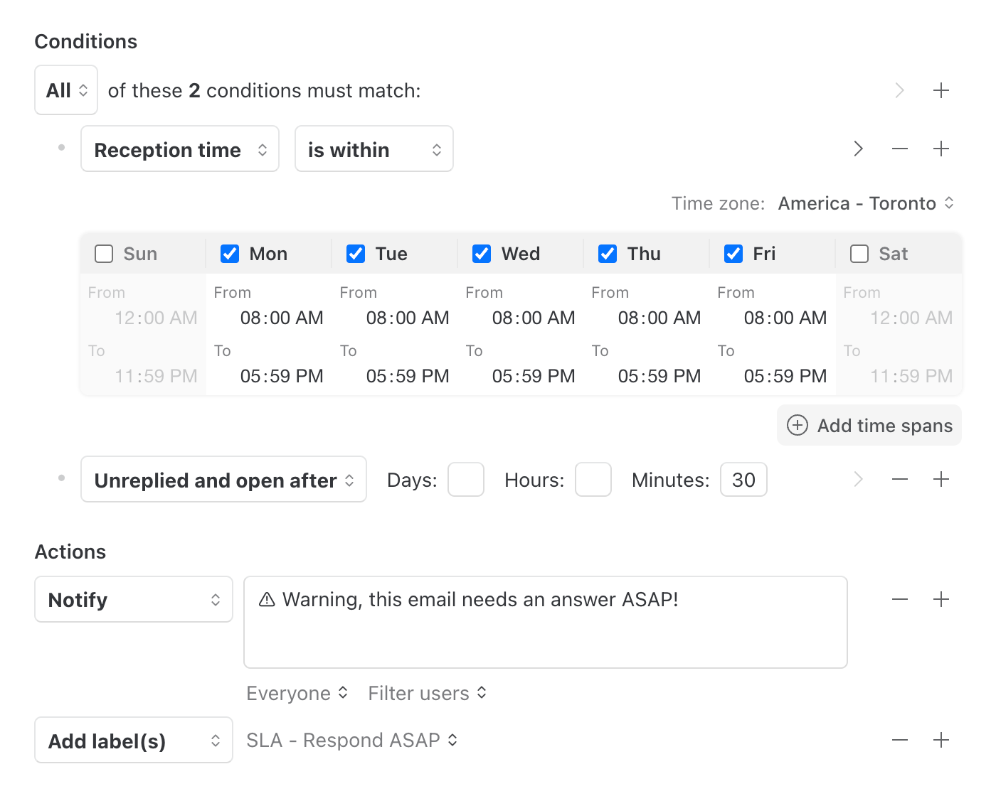 Be notified if emails are not replied after X minutes. Automatically apply labels to conversations