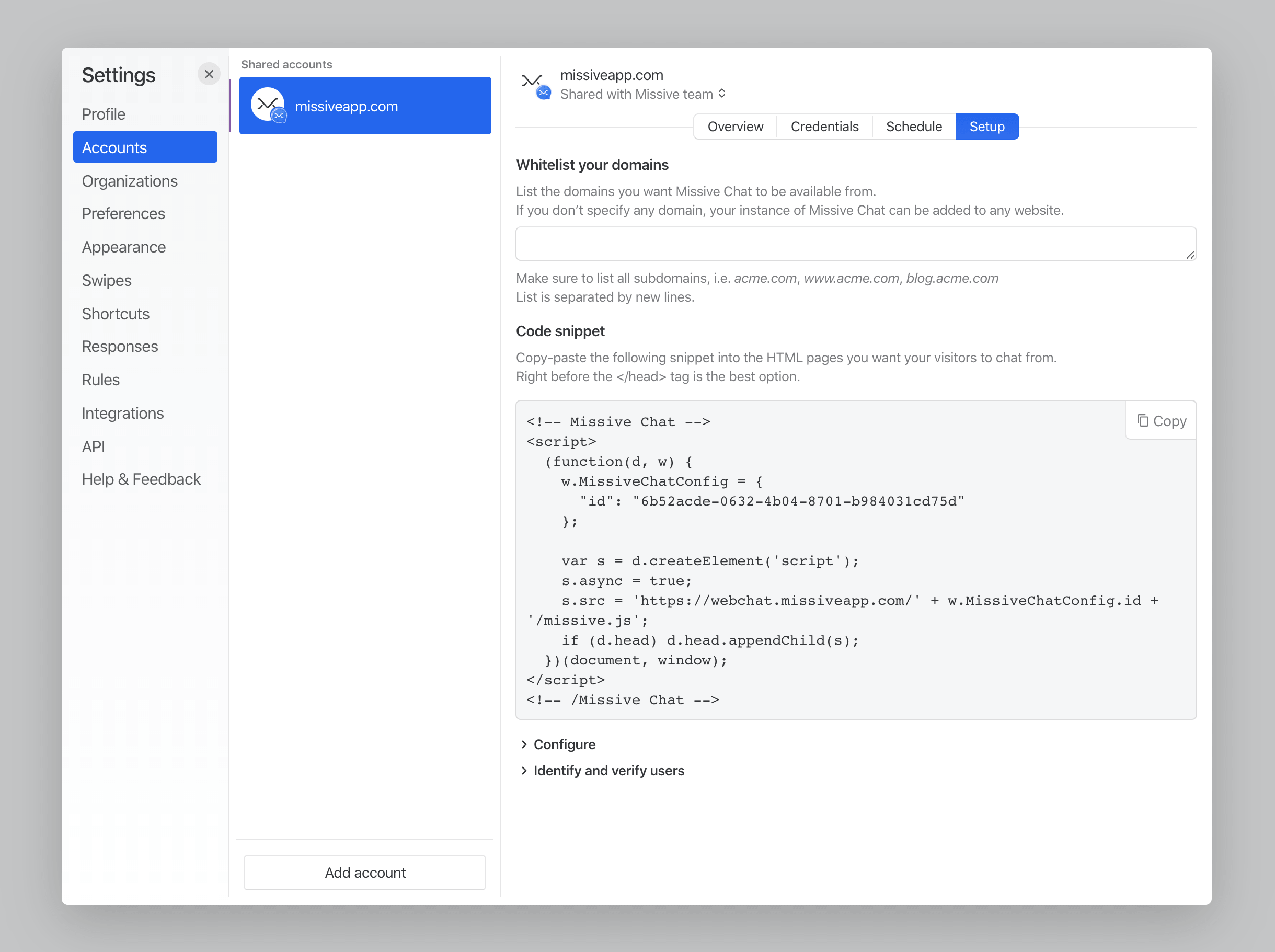 Missive Live Chat setup
