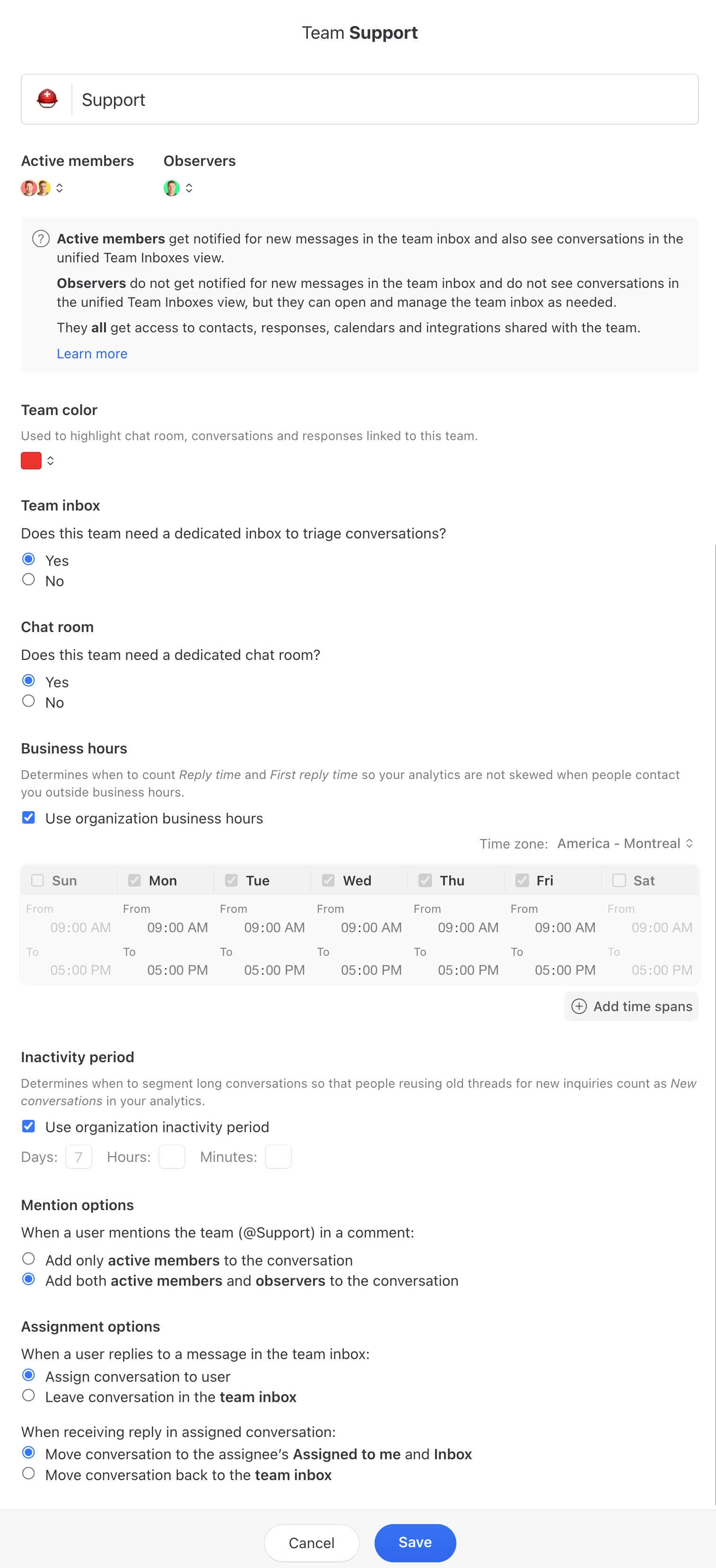 Team inbox settings