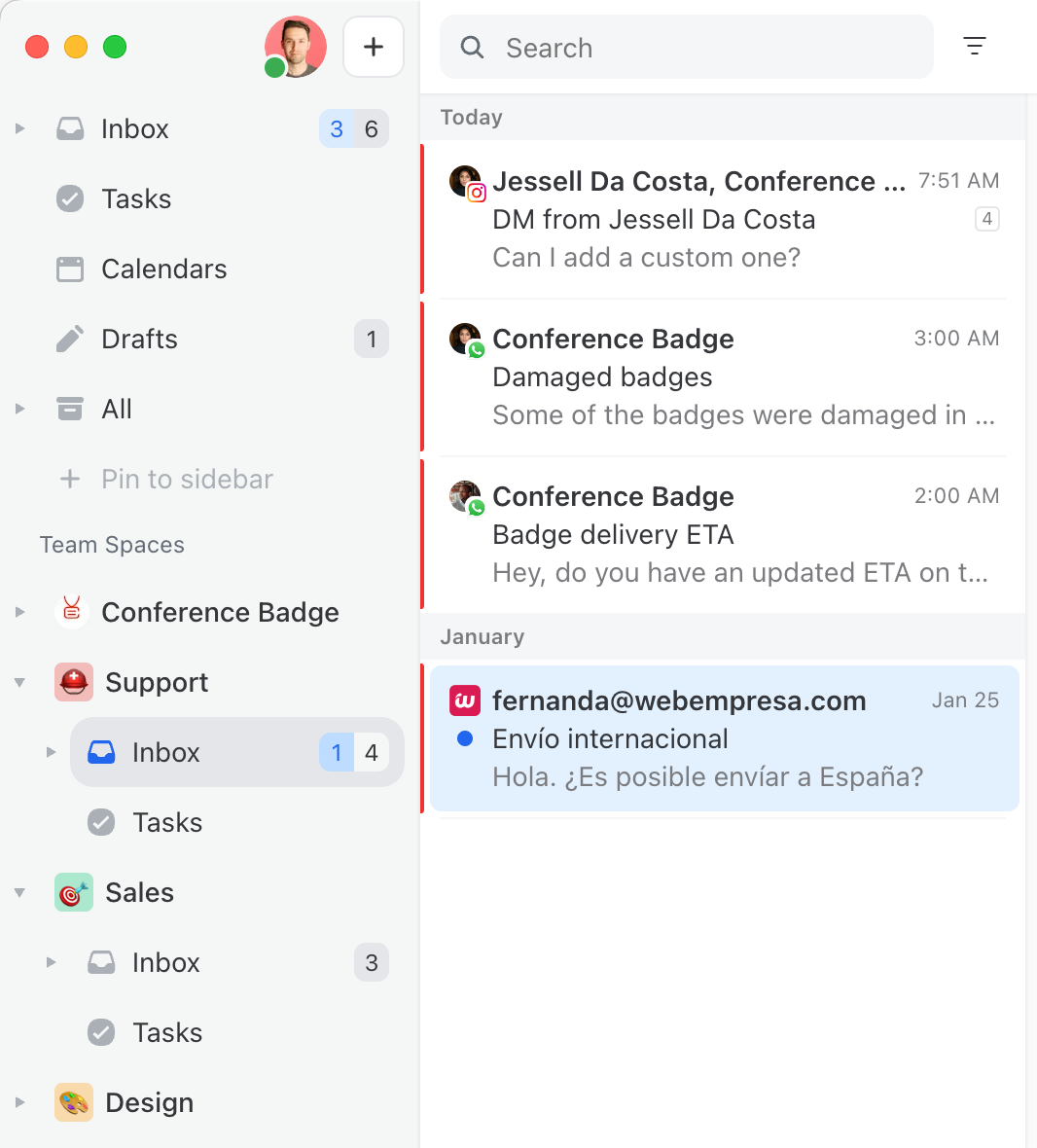 Each team inbox can be accessed from the Missive sidebar