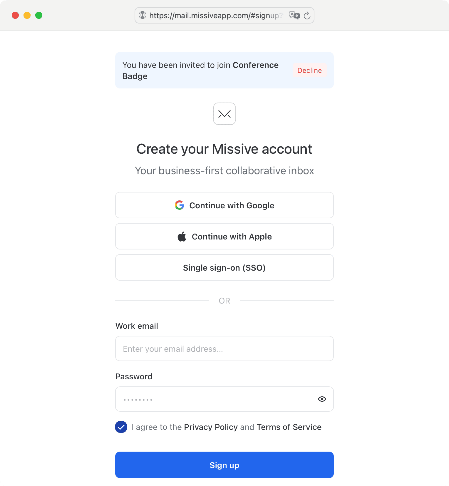 Missive signup when invited in an organization