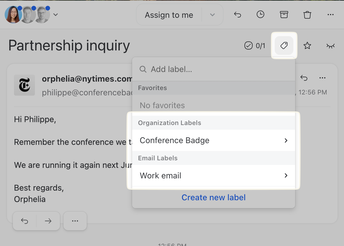 Missive has two kinds of labels, email and organization labels