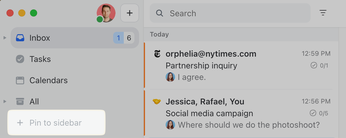 the **+ Pin to sidebar** button shows you other mailboxes
