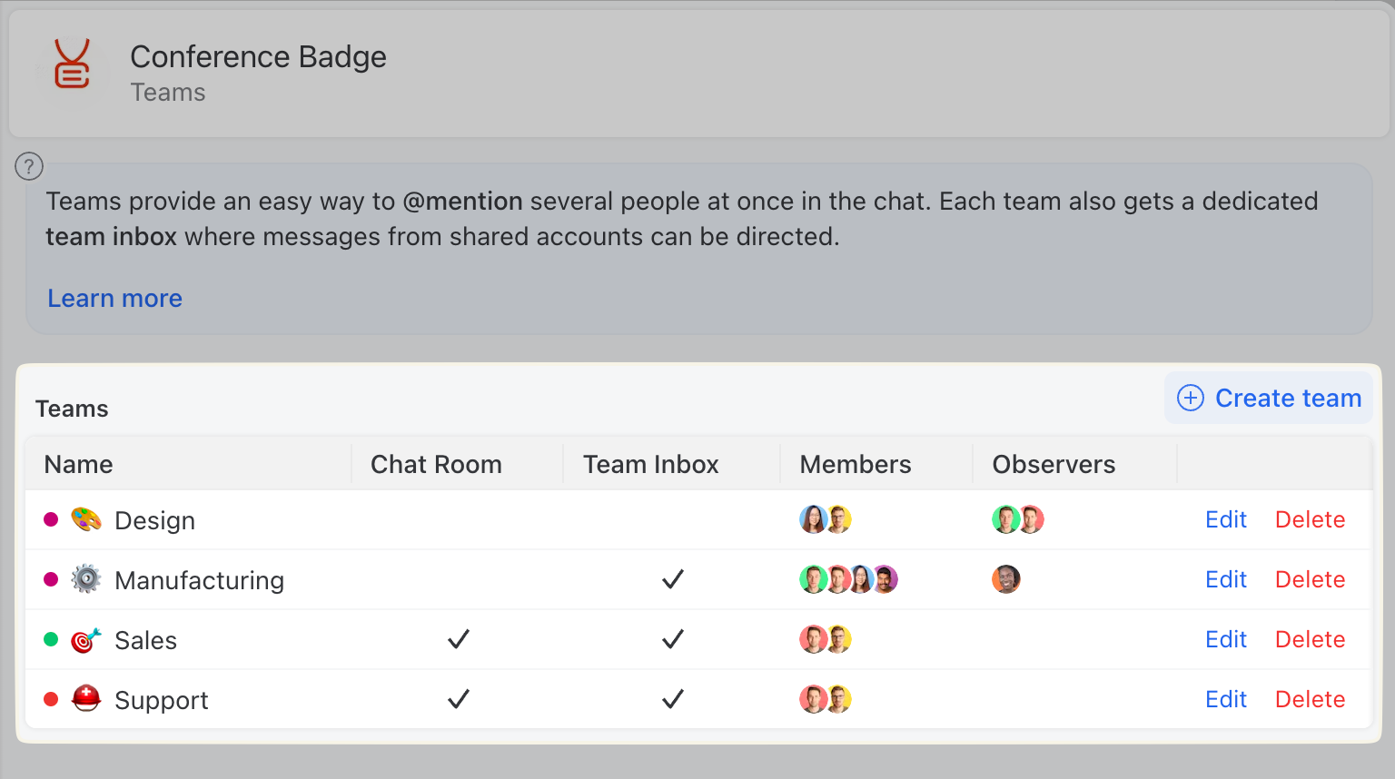The Teams section showing different business units