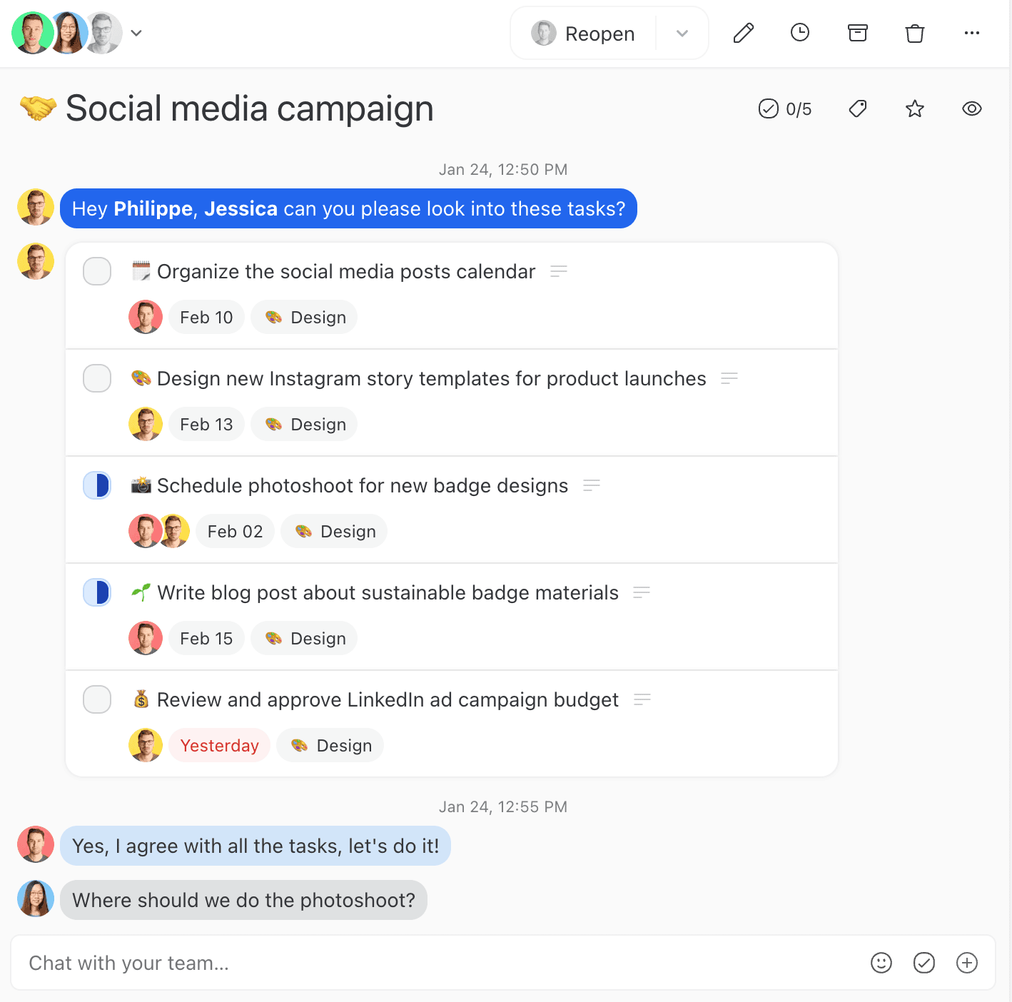 Tasks shown within a conversation