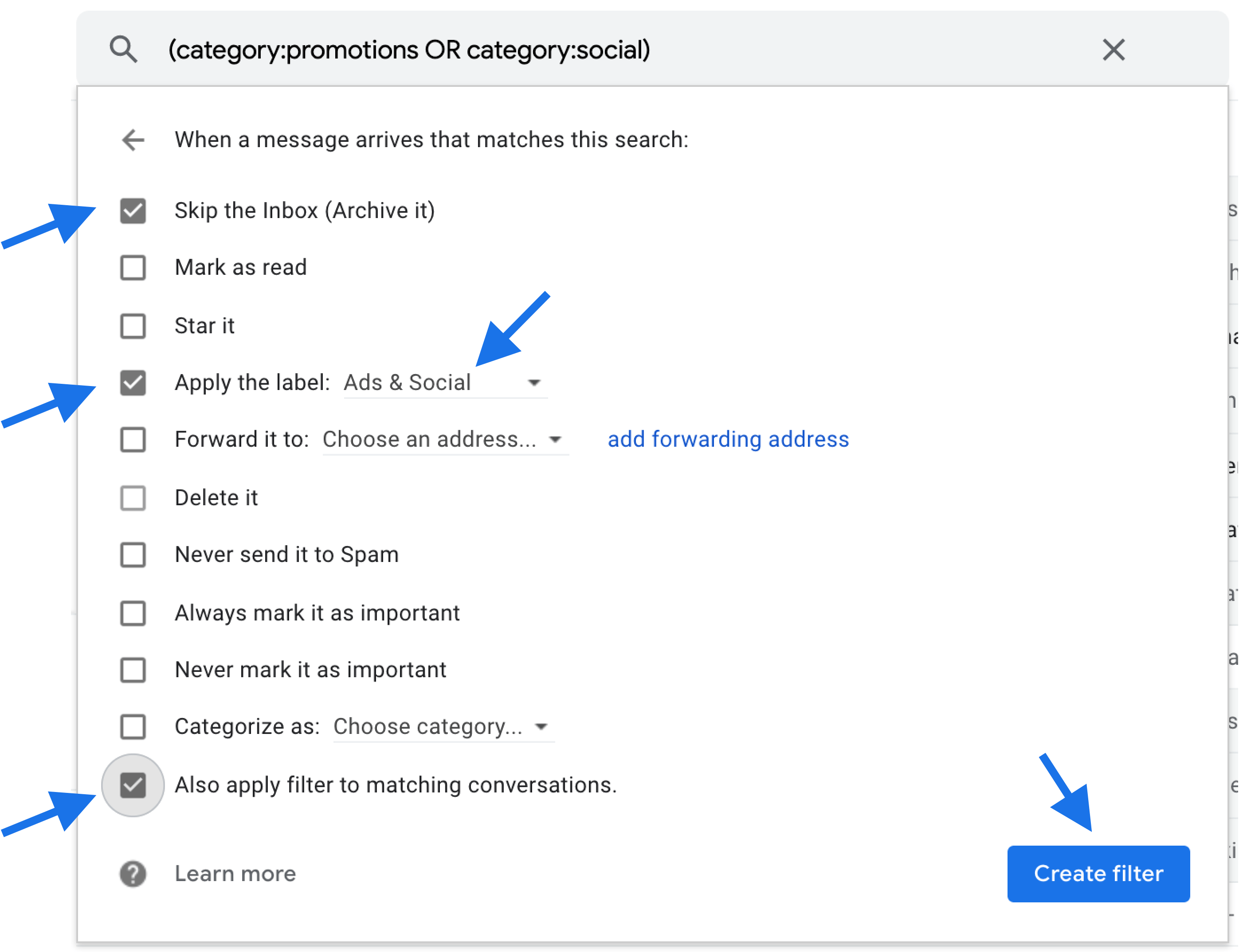Setup filter on Gmail