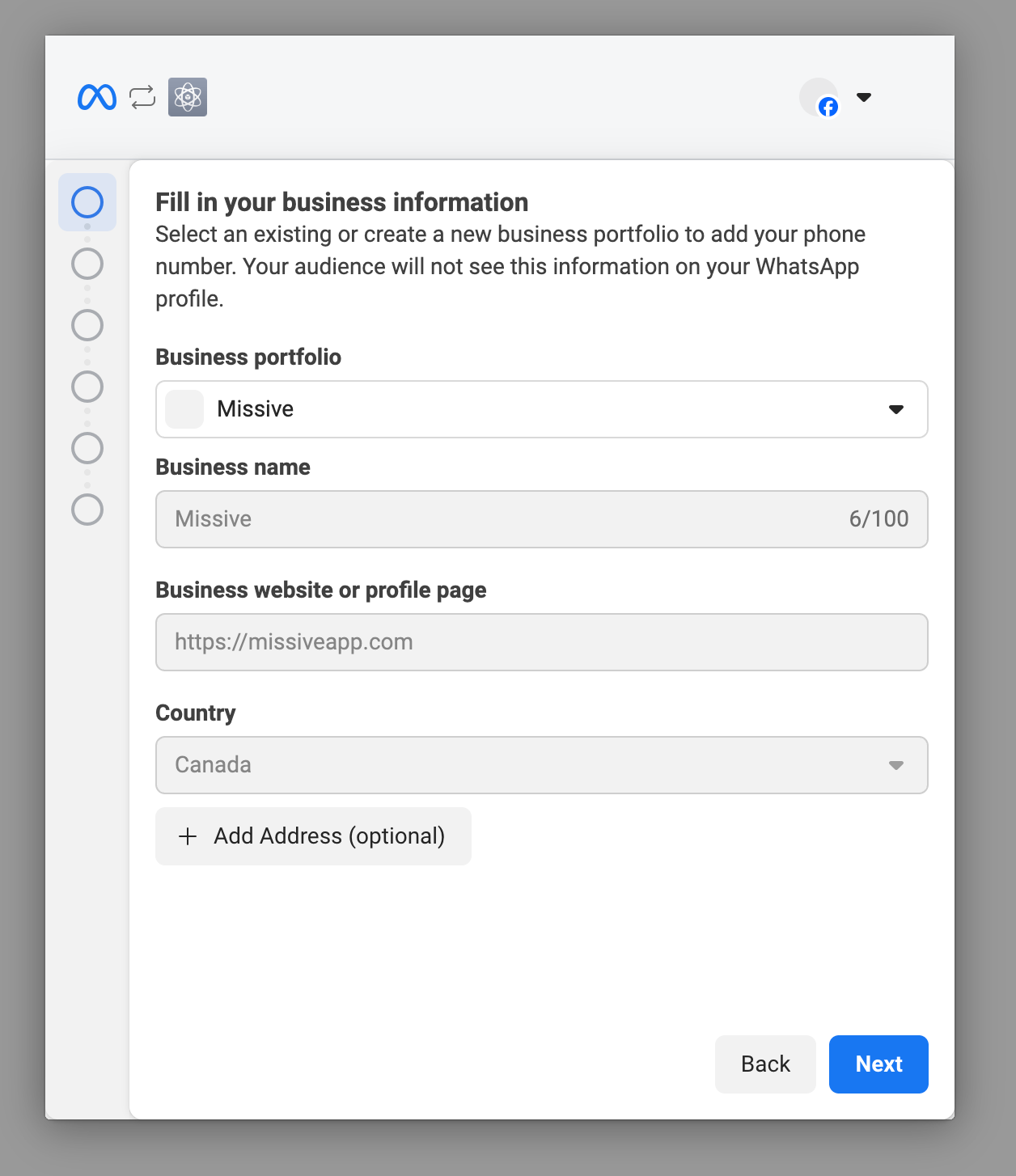 Fill in business information