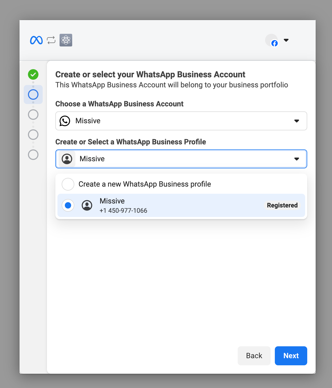 Create or select WhatsApp Business Account