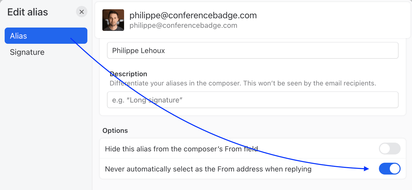 Never automatically select an alias