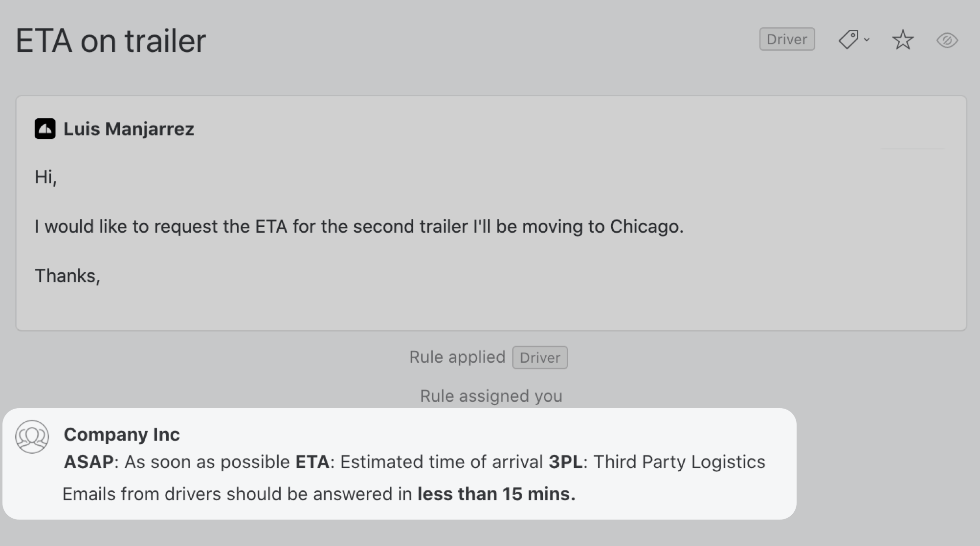Incoming email advanced rule result